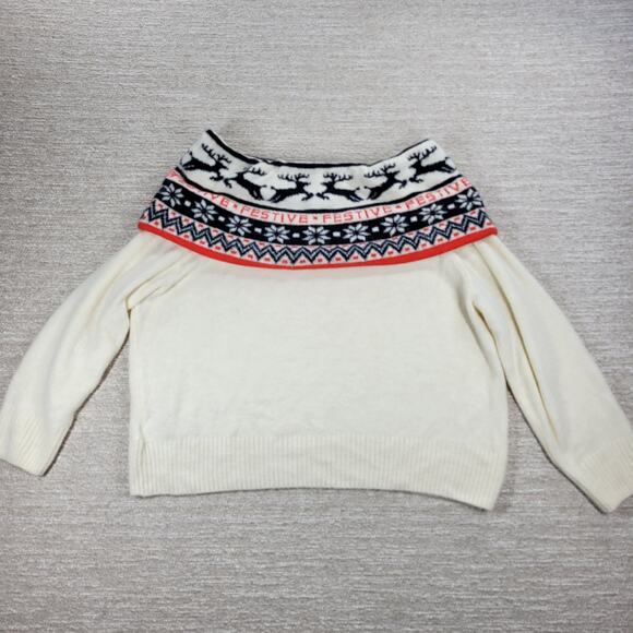 H&M Festive Reindeer Sweater Womens L White Off The Shoulder Holiday Christmas - Picture 1 of 16